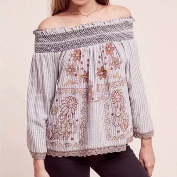 NWT Anthropologie Chloe Oliver Kennington Off Shoulder Top Embroidered Size S - Picture 1 of 8